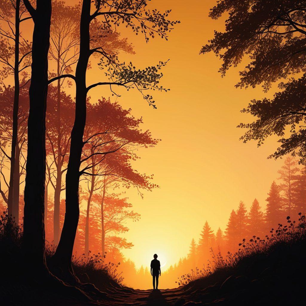 A silhouette of a person standing at the edge of a serene forest, gazing at a warm sunrise illuminating the horizon. Behind the figure, shadowy representations of various emotions like sorrow and confusion subtly intertwine with vibrant blossoms symbolizing hope and understanding. The scene conveys a journey from darkness to light, evoking a sense of inner peace and growth. super-realistic. vibrant colors. tranquil atmosphere.