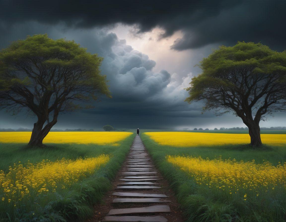 A surreal landscape depicting a vast emotional terrain, with dark clouds symbolizing unhappiness and intricate pathways winding through vibrant fields representing the Alief Network. A person is standing at the crossroads, contemplating their journey, with abstract symbols of emotions floating around them. The colors should have a moody contrast, blending shades of blue and gray with bursts of warm colors to evoke hope. fantasy art. vibrant colors. ethereal atmosphere.