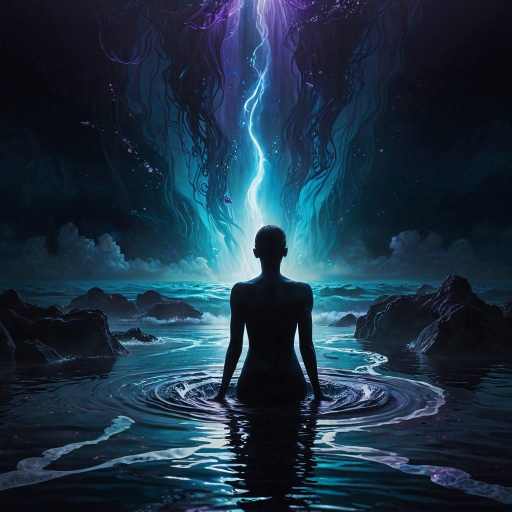 A deep ocean scene representing sorrow, featuring a solitary figure submerged in water, surrounded by dark, swirling currents symbolizing emotional struggles. Ethereal light rays pierce through the surface, illuminating the figure, while abstract representations of alief concepts swirl around, blending with the water. The color palette should include deep blues and muted purples to evoke a sense of melancholy and depth. surreal art style. vibrant colors. 3D.